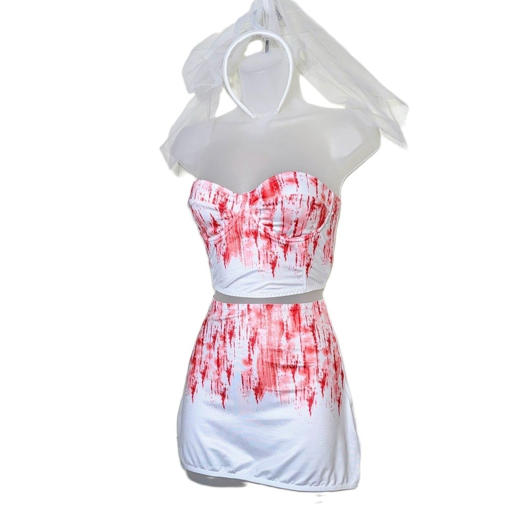 New XL Bloody Bride Halloween Costume Bustier Top Skirt Veil Zombie Dead Ex Wife